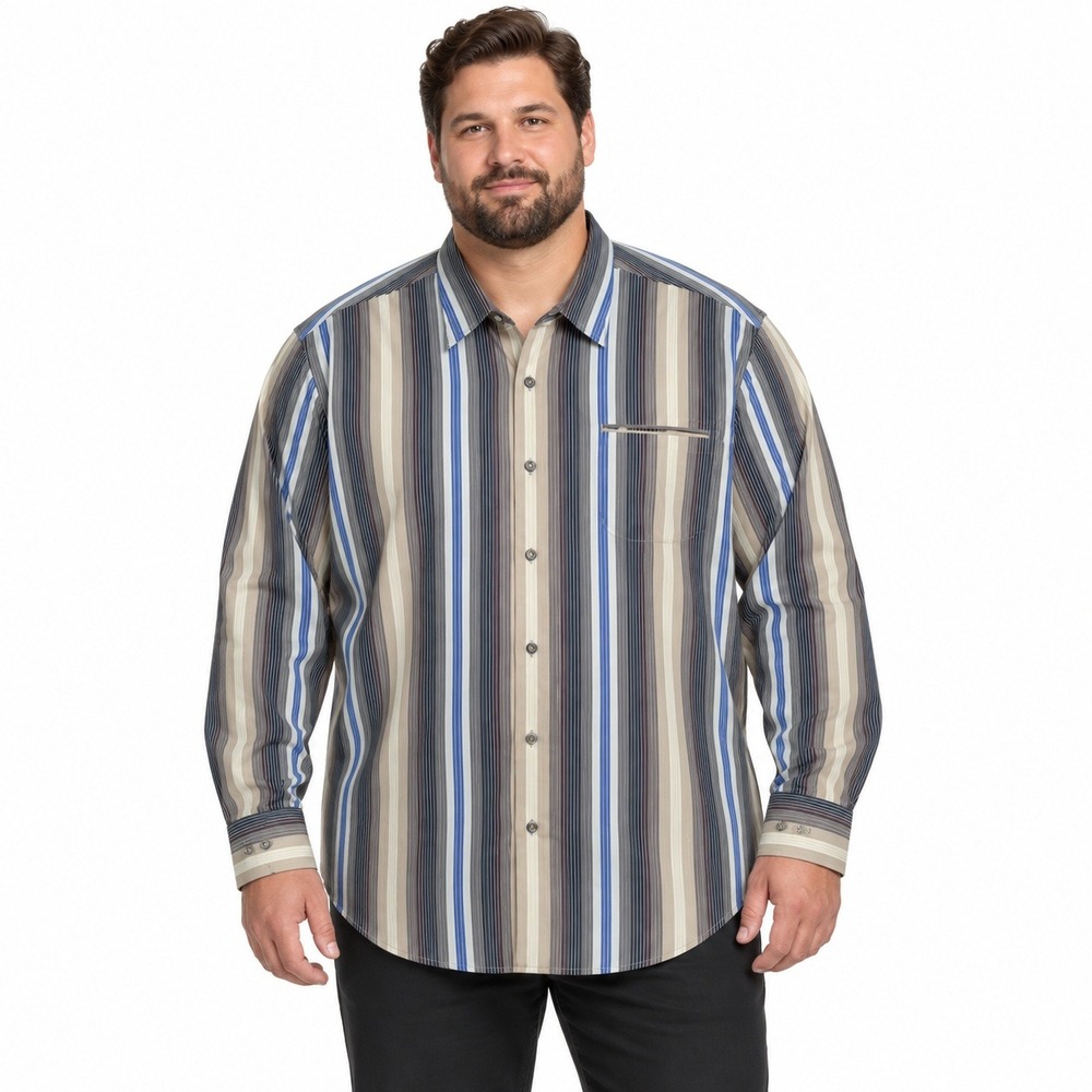 Tommy Bahama Button Down Shirt Mens XL Blue Tan Striped Cotton Silk Long Sleeve